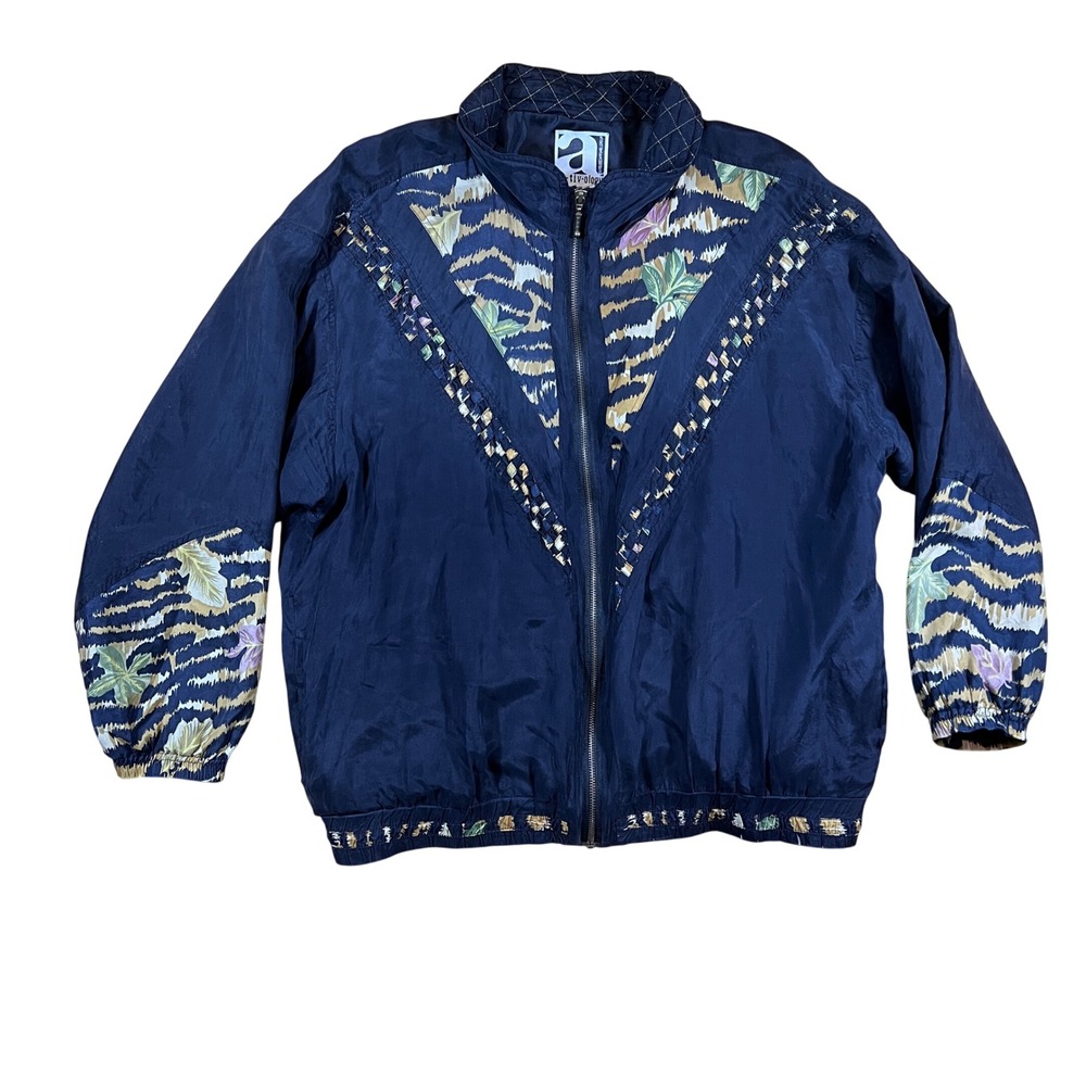VTG ac-tiv-ology Windbreaker‎ Jacket Womens Large Navy Blue 80s Animal Print